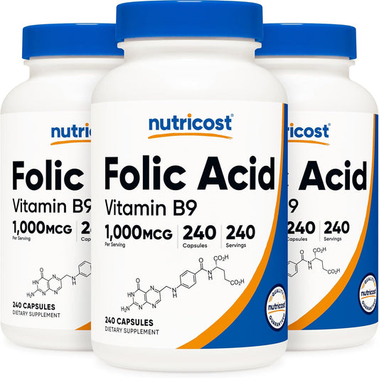 Nutricost Folic Acid (Vitamin B9) 1000 mcg, 240 Capsules (3 Bottles)