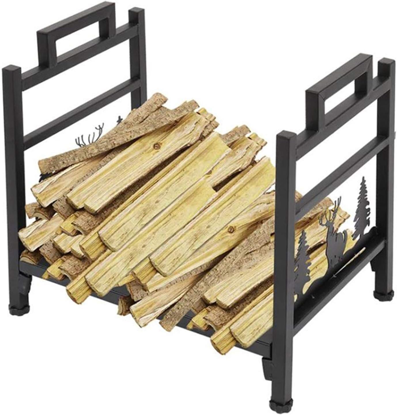 Elk Shape Design Firewood Log Rack with Handles, Iron Finish Wood Lumber Storage Holder for Firepit Stove, Small Stacking Cradle