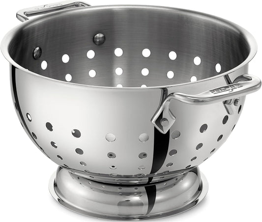 All-Clad Tools and Accessories Stainless Steel Colander 5 Quart Strainer, Pasta Strainer with Handle, Pots and Pans Silver