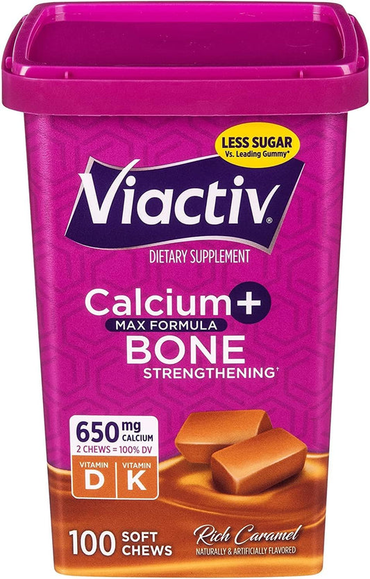Viactiv Max Formula Calcium +Vitamin D3 Supplement for Bone Health, Rich Caramel, 100 Soft Chews - 5 Pack