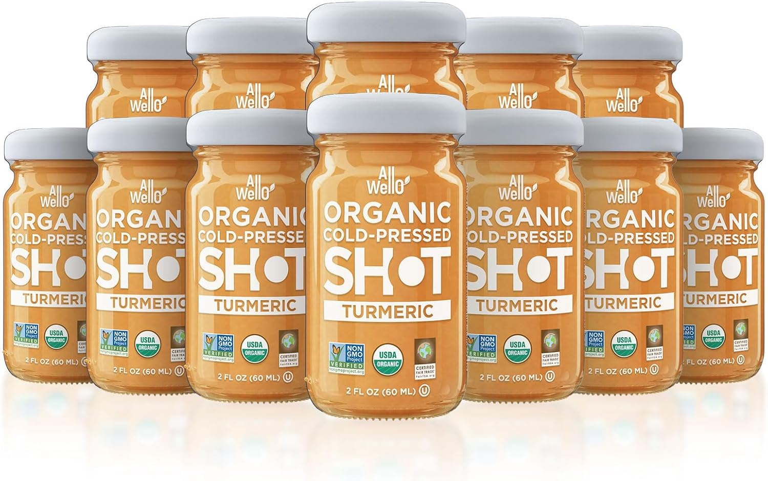 ALLWELLO Cold-Pressed Ginger Shot, 60 mL, USDA Organic Immune Booster with Natu-RAL (12 PK, Turmeric)