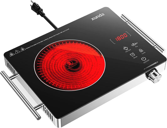 xunda 1800W Portable Electric Stove, 110v Electric Burner with Carry Handle Hot Plate, Ceramic Infrared Single Burner Cooktop, Touch & Knob Control Timer, Safety Lock (Black)