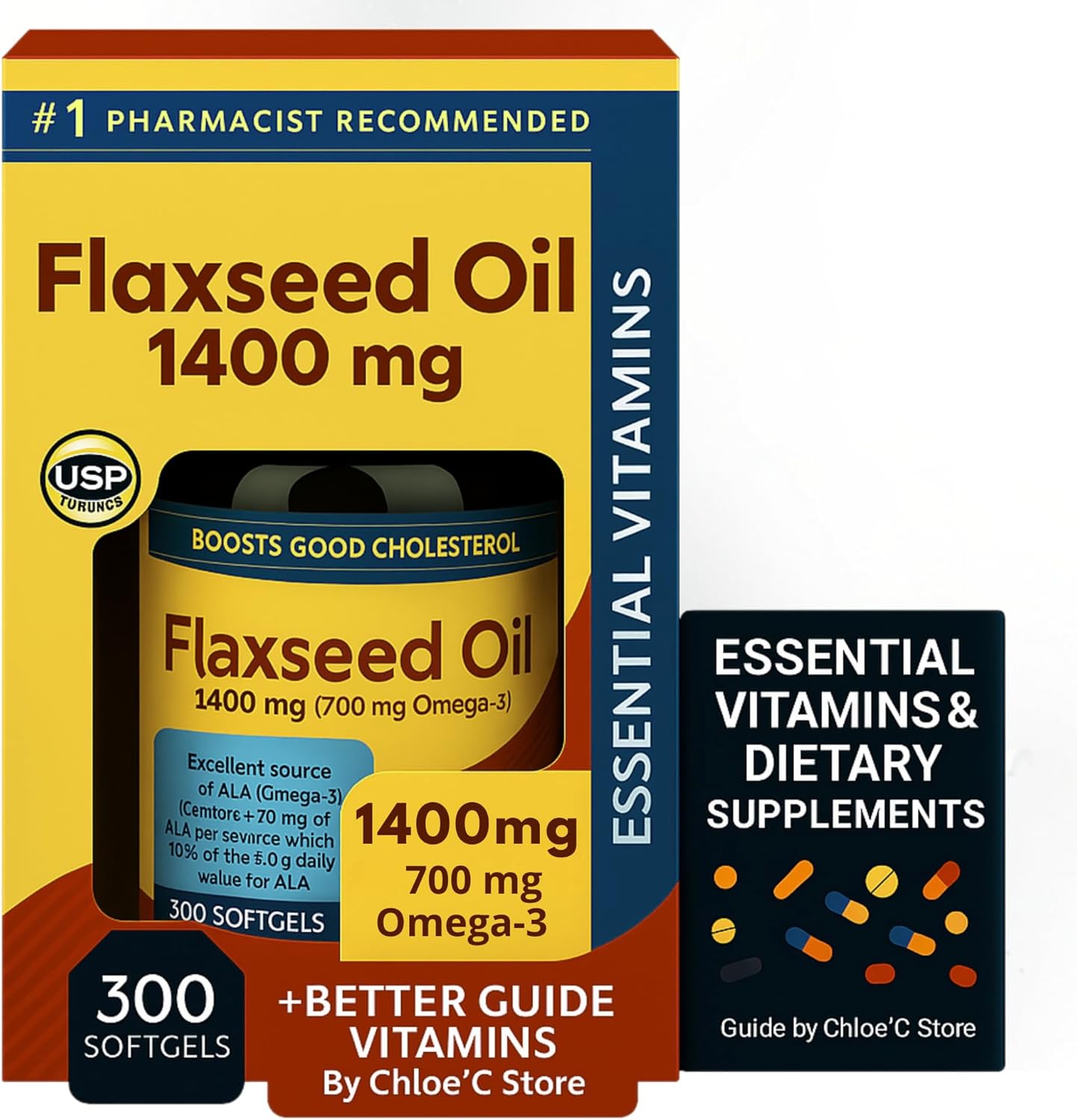 Nature Flaxseed Oil 1400mg (300 Softgels) Natures Mades | Plant-Based Omega-3 ALA Supplement | Bundle with Essential Vitamins Guide by R&C Store