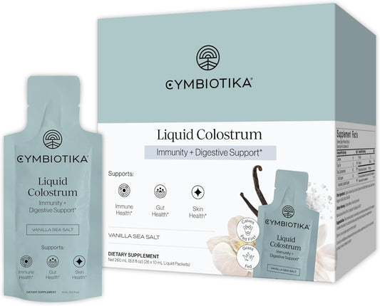 CYMBIOTIKA Liquid Colostrum, 1.5g Full Spectrum Colostrum, Grass-Fed Bovine Colostrum for Gut Health, Immune Support, Skin & Recovery, Sea Salt Vanilla Flavor, 26 Daily Packets (Single Pack)