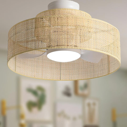 22\u201D Bamboo DC Dimmable Ceiling Fan with Light and Remote Control,Boho Wooden Wicker Cage Rattan Bohemian Tropical Caged Wood Flush Mount Fandelier for Kitchen Indoor Bedroom