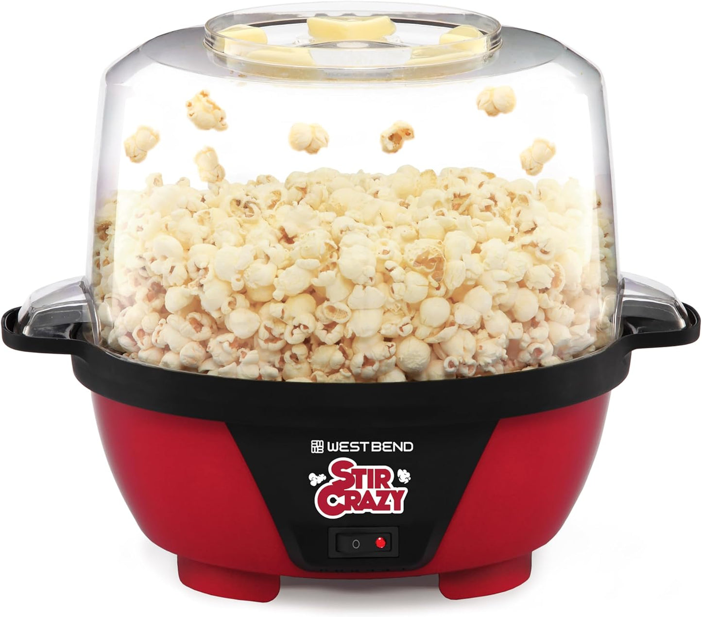 West Bend Stir Crazy Hot Oil Popcorn Popper, Popcorn Maker Machine with Large Serving Bowl Lid and Stirring Rod Perfect for Movie Night Snack Time or Parties, 6-Quart, Red