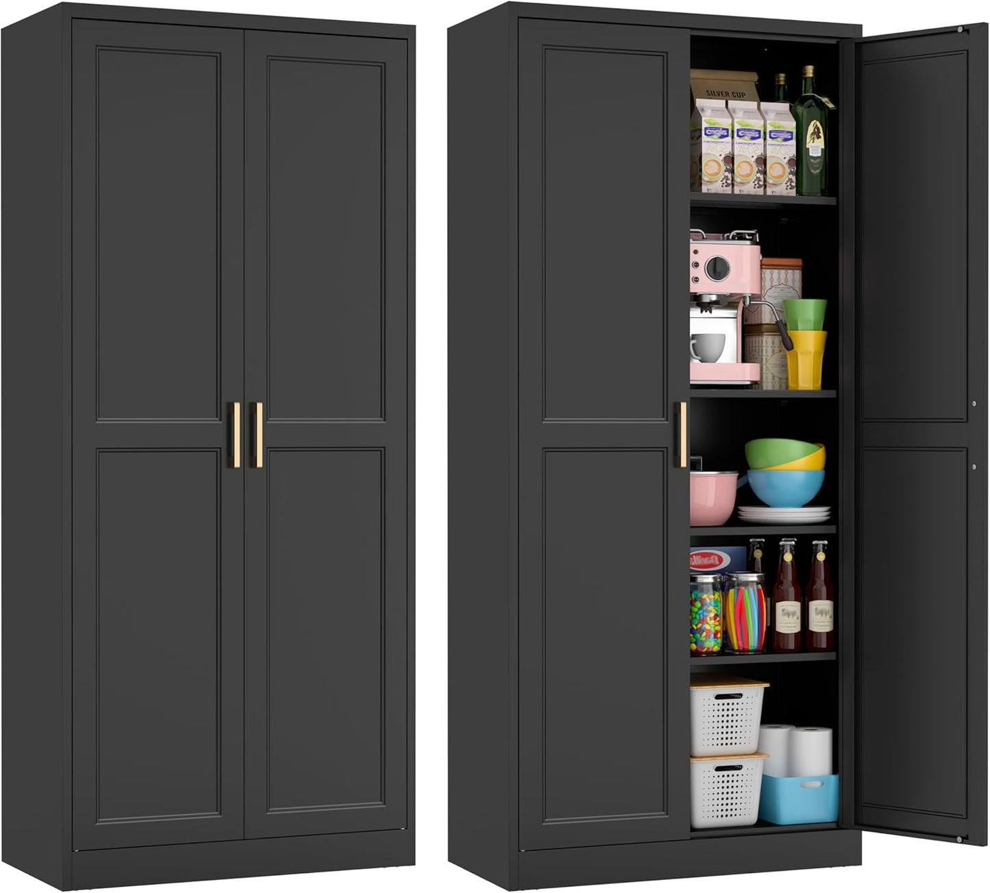 Kubohogar 71" Tall Metal Pantry Cabinet, Black Kitchen Pantry Storage Cabinet with 4 Adjustable Shelves and Gold Handles, Cupboard for Kitchen, Dining Room, Living Room, Bathroom