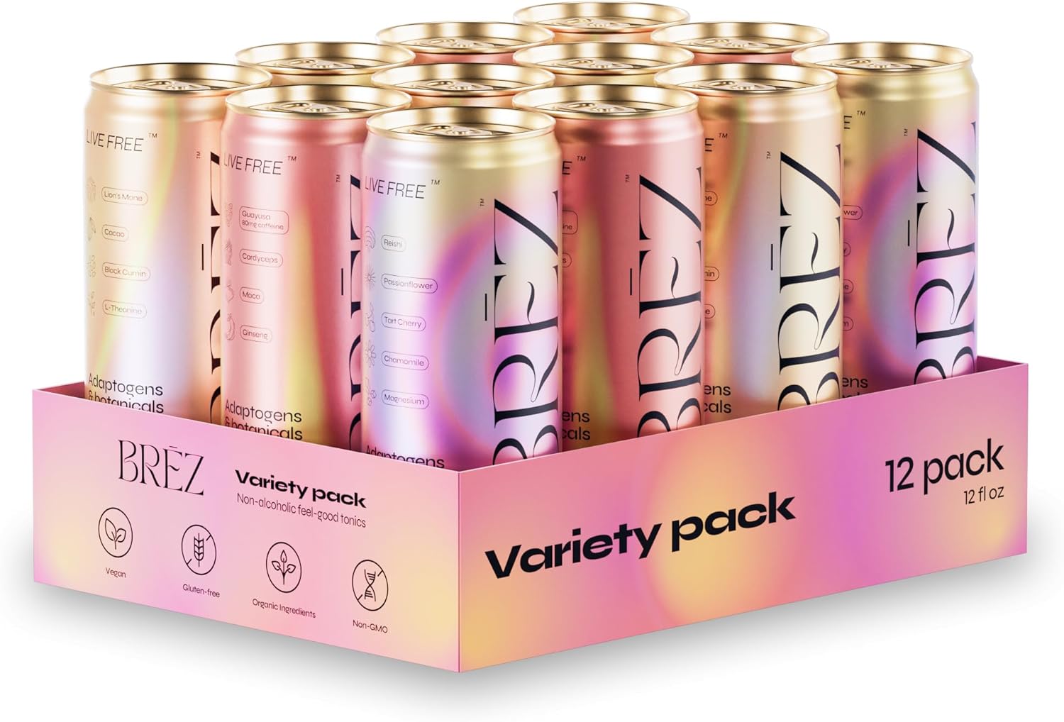 BRĒZ Mushroom Drink Variety Pack - Flow, Dream & Elevate - Lion\u2019s Mane, Reishi, Cordyceps Mushrooms, Non-Infused, Adaptogen Tonics for Focus, Sleep, Mood & Energy, Vegan, 12 fl oz Cans (12 Pack)