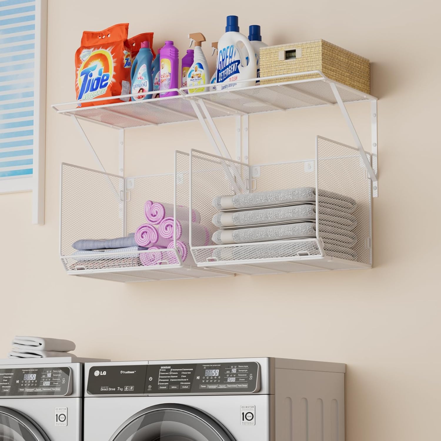 2 Pack Laundry Room Shelves Organization And Storage,Wall Mounted Clothes Drying Rack With Wire Mesh Basket Over Washer And Dryer,Large Capacity Floating Wall Shelf For Bathroom,Kitchen,Storeroom