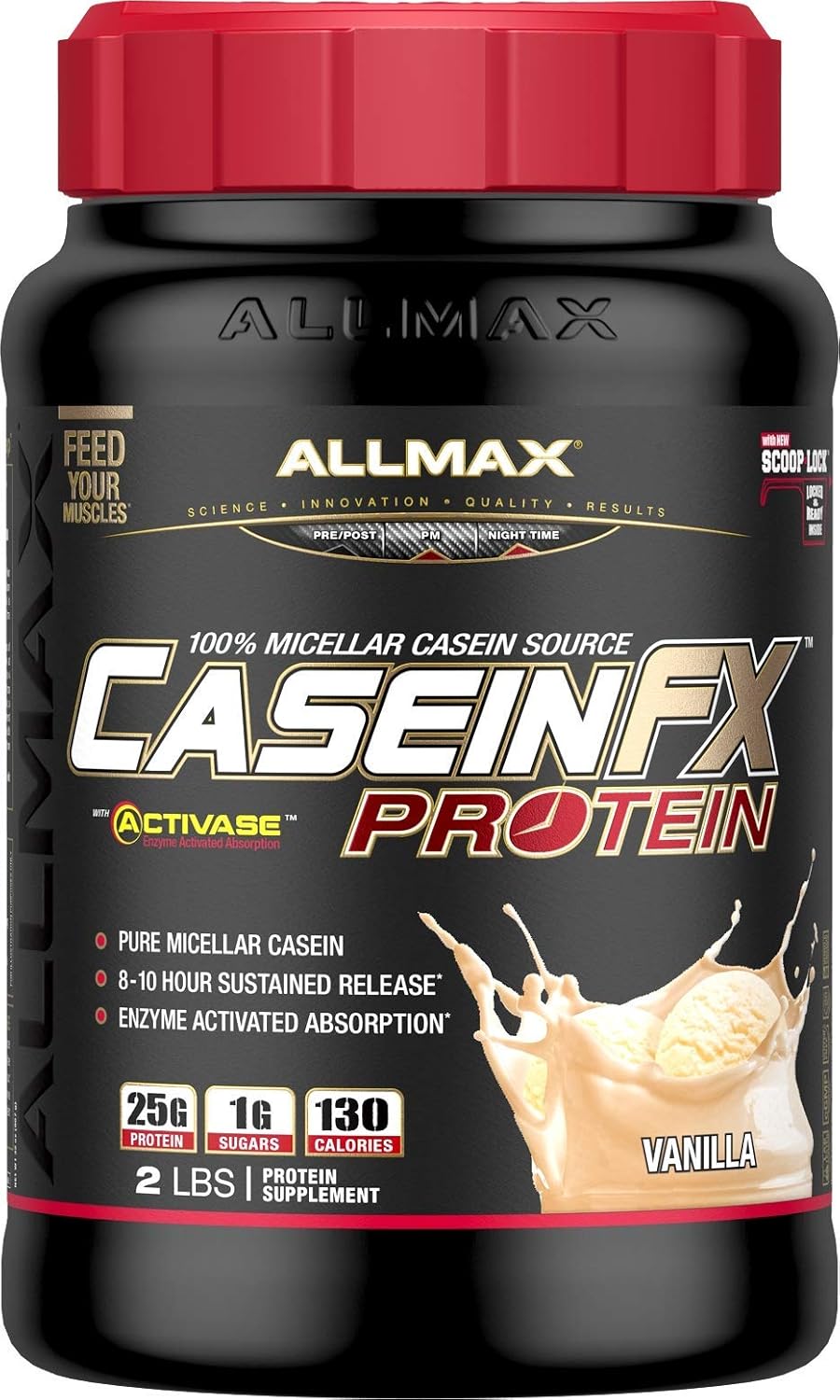 ALLMAX Casein-FX Protein, Vanilla - 2 lb - 25 Grams of Slow-Release Protein Per Scoop - Low Carb & Zero Added Sugar - Approximate 27 Servings