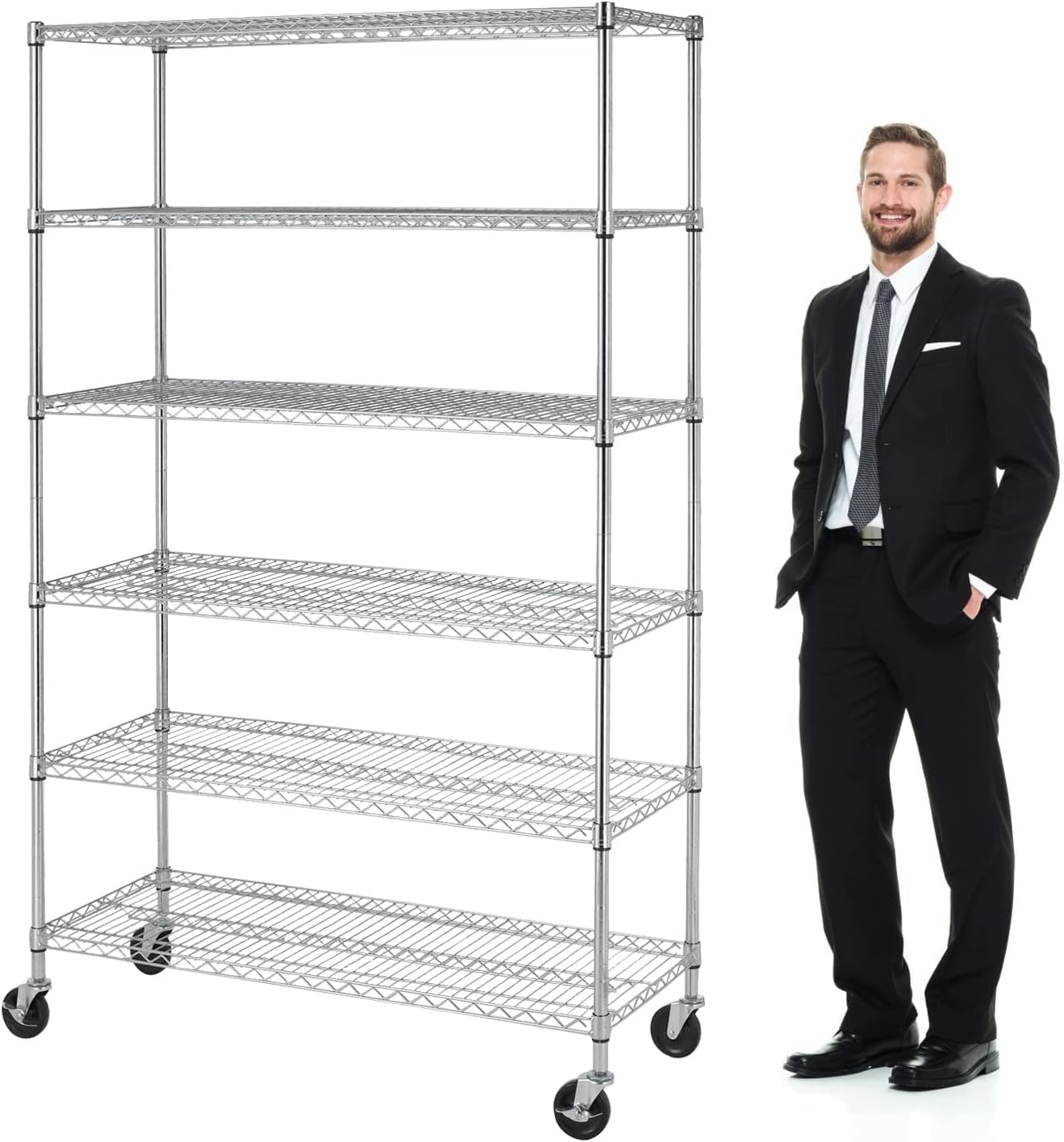 Heavy Duty 6 Tier Shelving Unit Adjustable 6000Lbs Capacity Steel Storage Rack 18" x 48 x 76 Mobile Shelves Wire Shelf Silver Rolling Utility Cart for Pantry Garage Kitchen, Chrome