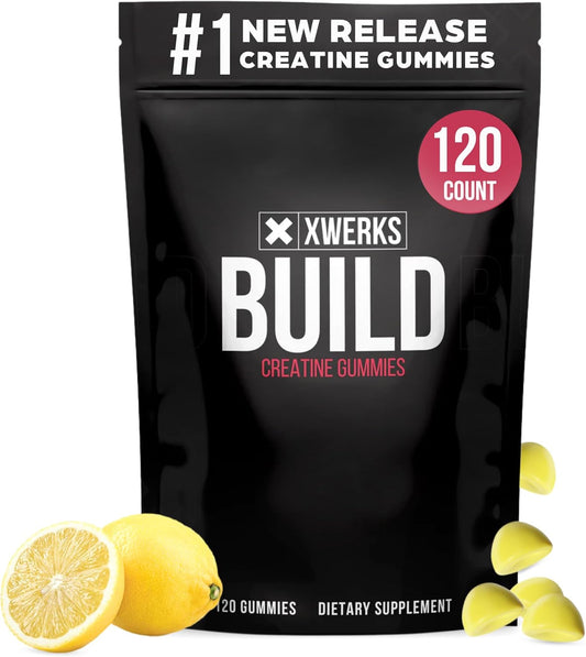 Xwerks Build Creatine Gummies for Men and Women, 120 Count, 100% Pure Creatine Monohydrate, Lemon Flavored Muscle Building Gummies 4g Per Serving, Pre Workout Anti Melting, 5000mg Total Creatine