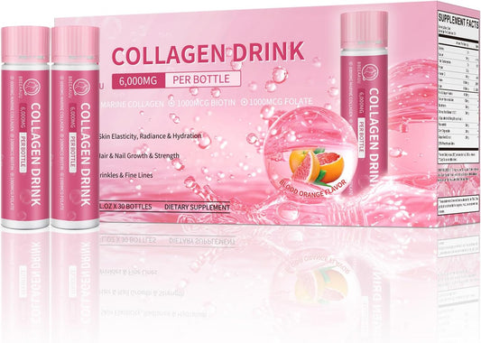 Collagen Drink with 6000 mg Marine Collagen Peptides, Liquid Collagen Shots for Women Support Beauty, Collagen Supplements for Skin, Hair and Nail Wellness, 0.85 Fl.Oz(25 ml)x30 Bottles, Blood Orange