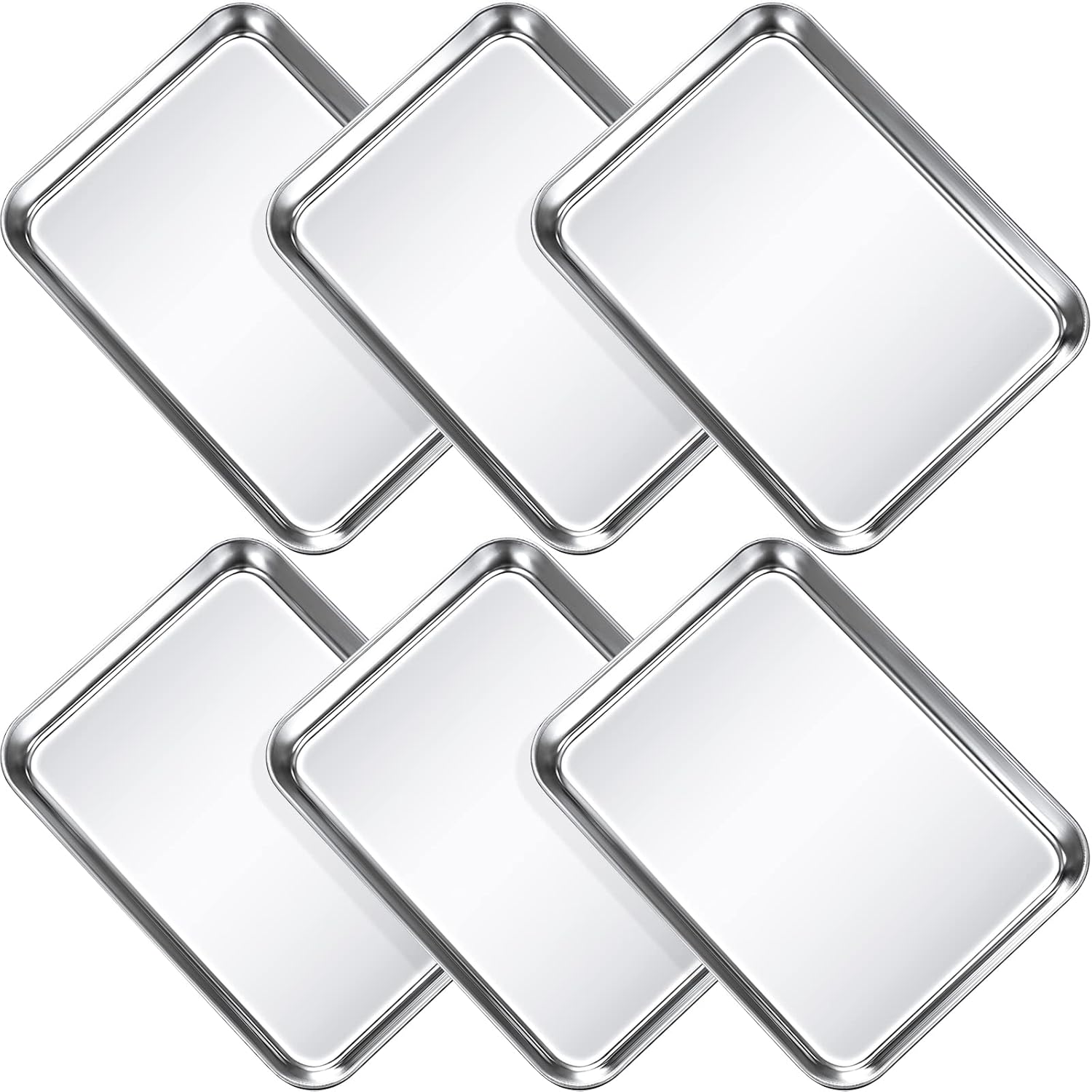 Potchen 6 Pcs Baking Sheet Pan Set 9 x 6.7 x 1 inches Cookie Sheet Small Toaster Oven Pans Stainless Steel Tray Barbecue Grill Pan Rectangle Trays Oven, Non-stick, Easy Clean