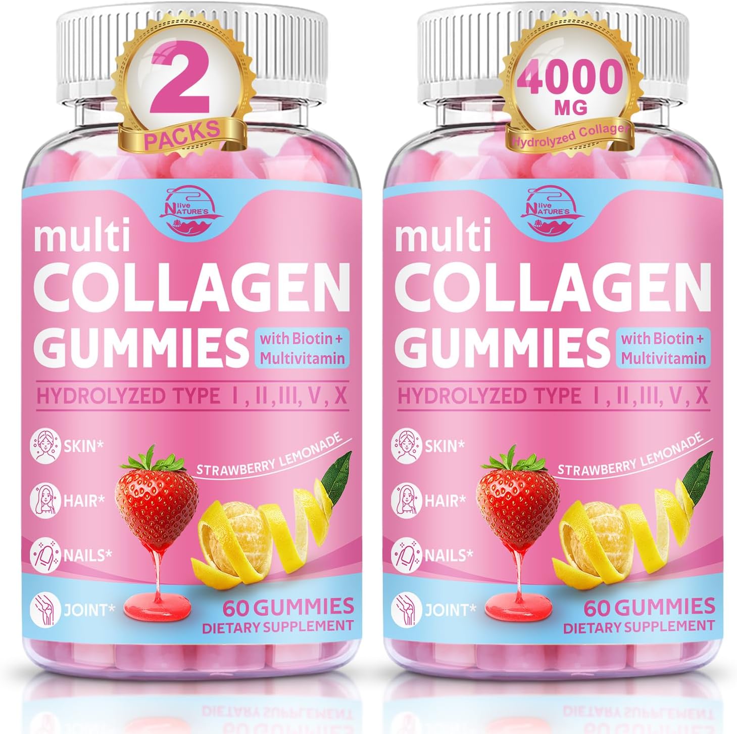 Multi Collagen Peptides Gummies, Type I, II, III, V, X - Hydrolyzed Collagen Peptides with Biotin, Hyaluronic Acid, Supports Healthy Skin, Strong Nails & Thick Hair, 60 Count, 2 Pack