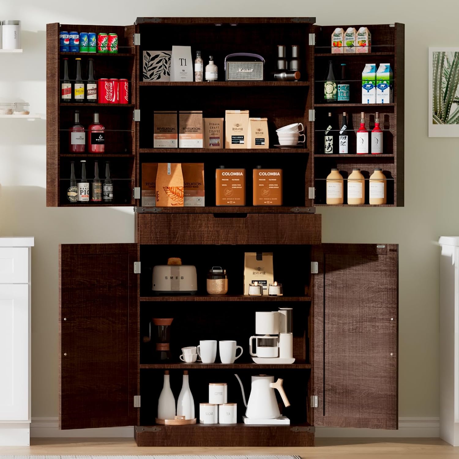 72" Tall Storage Cabinet, Kitchen Pantry Cabinet with Adjustable Shelves & Sturdy Steel Frame, Farmhouse Pantry Storage with 4 Barn Doors for Kitchen, Dining Room, and Living Room, Dark Grey