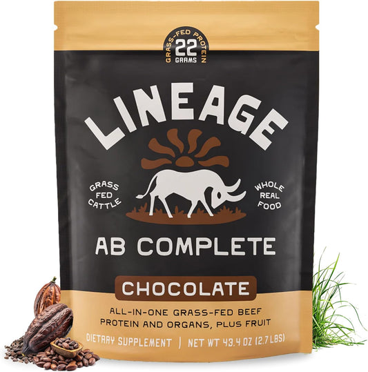 Lineage Provisions Grass Fed Beef Protein Powder - Chocolate - Nose to Tail Animal Protein Powder Including 100% Grass Fed and Finished Beef Organs, Colostrum, and Fruit - 2.7 lbs (30 Servings)