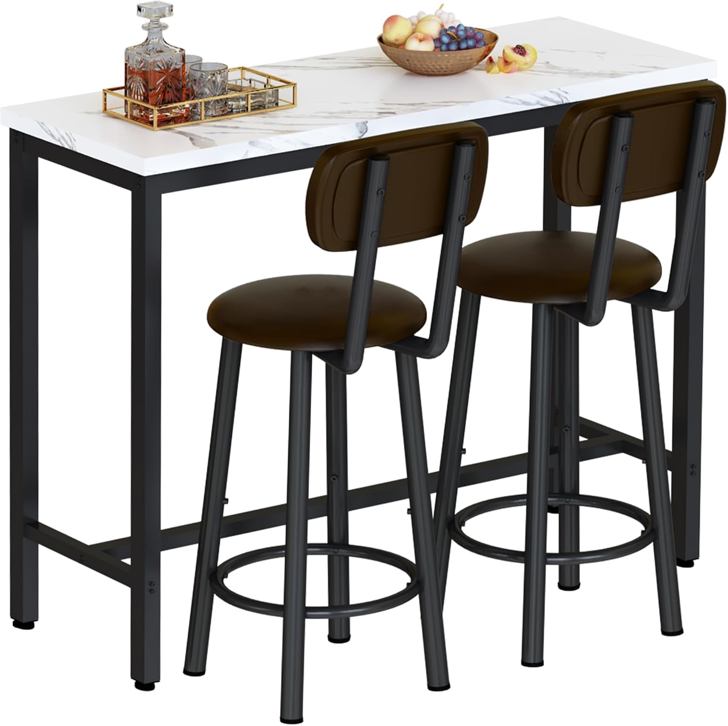 AWQM 3 Piece Bar Table Set of 2,39.3" Pub Bar Table and Chairs Set,Faux Marble Bar Height Table with 2 Backrest Stools,Small Dining Table for 2,Kitchen Table Set for Small Space,White & Brown