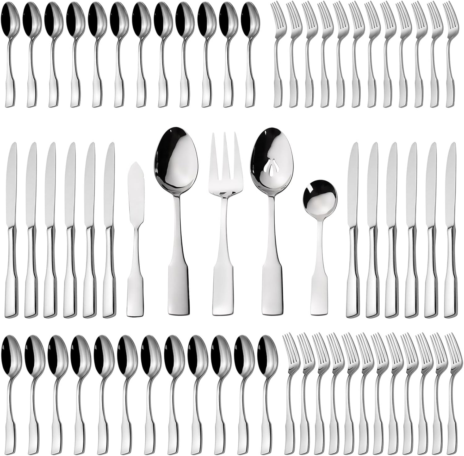 Alata Kate 65-Piece Silverware With Utensil-Serving Set, Service for 12, Stainless Steel Flatware, Mirror Polished Cutlery, Dishwasher Safe