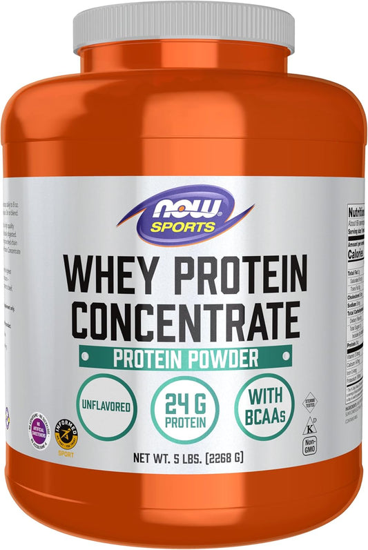 NOW Foods Sports Nutrition, Whey Protein Concentrate, 24 G With BCAAs, Unflavored Powder, 5-Pound