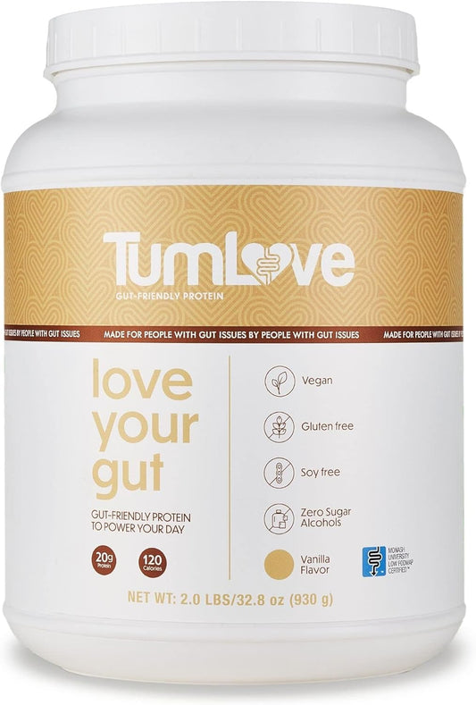 TumLove Vegan Protein Powder - Low FODMAP Certified, Gluten-Free, Dairy-Free, Soy-Free, 100% Gut-Friendly & Non-Bloating, Vanilla (25 Servings)
