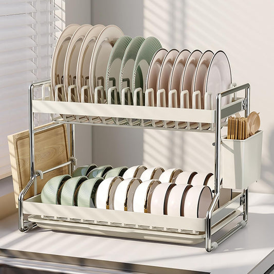 HOISIMDY Dish Drying Rack 2 Tier Countertop Dish Draining Rack Organizer White