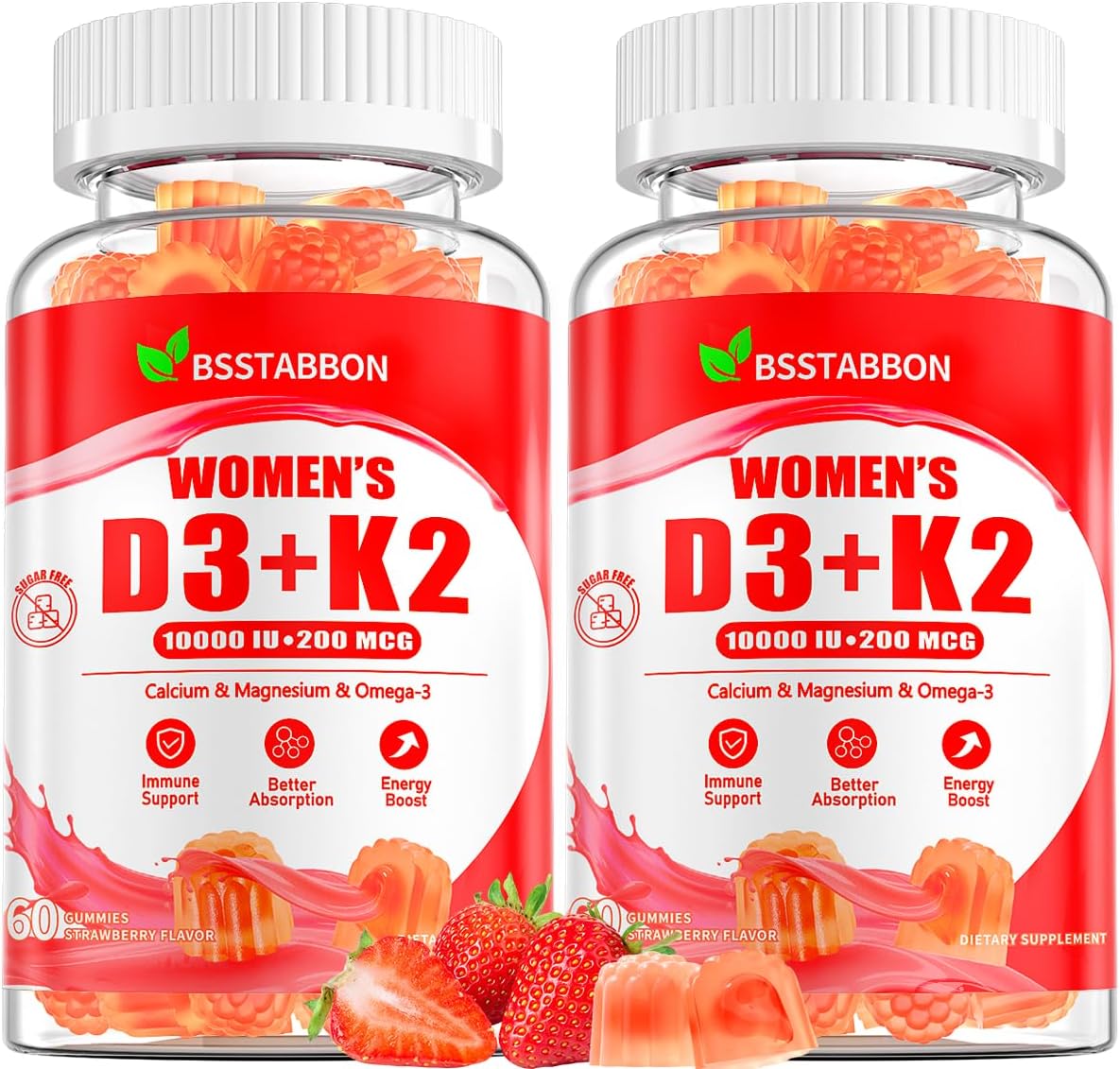 BSSTABBON Organic Women\u2019s D3 K2 Vitamin Gummies: D3 10000 IU Chewable Vegan Multivitamins Supplement with B12 B6 B9 Plus Magnesium Omega Zinc Calcium - for Immune Energy Skin Support (120Count)