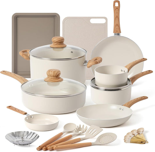 ONGIFT 23 Pcs Pots and Pans Set Nonstick, Kitchen Cookware Sets, with Frying Pan, Saucepan, Saute Pan, Lightweight Cooking Set with Stay-Cool Wood Print Handles, NO PFAS and PFOA, Light Wood