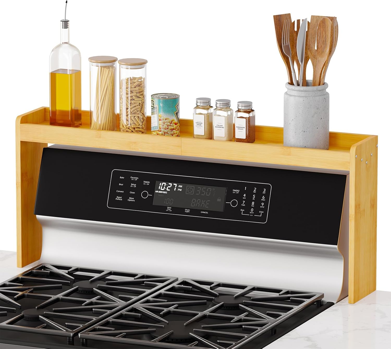 SpaceAid Bamboo Over the Stove Spice Holder Shelf, 31.5" Kitchen Organizer Stove Spice Top Rack, 11.6" Height Countertop Storage, Over Oven Back Sink Organization Shelf, Natural