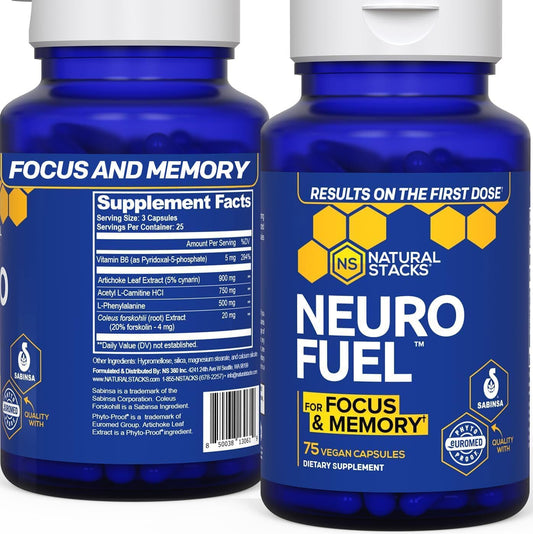 NATURAL STACKS NeuroFuel Nootropic Brain Support Supplement - 750mg L-Carnitine & 500mg L-Phenylalanine - Brain Supplement for Memory and Focus* - 75 Focus Pills