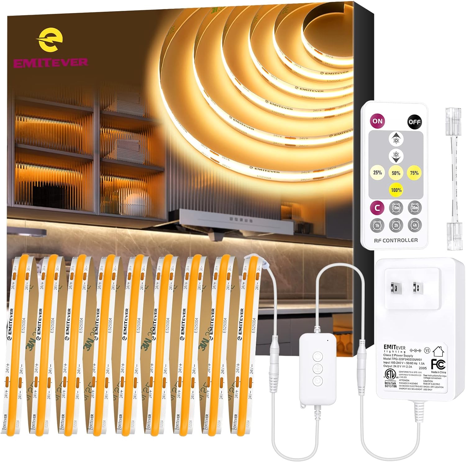 EMITEVER LED Strip Light Warm White 3000K 16.4ft,24V DC COB Dimmable Tape Lights with RF Controller,Premium High Density Power Adapter,1600LEDs Suitable for Bedroom,Kitchen Cabinets,Indoor Use