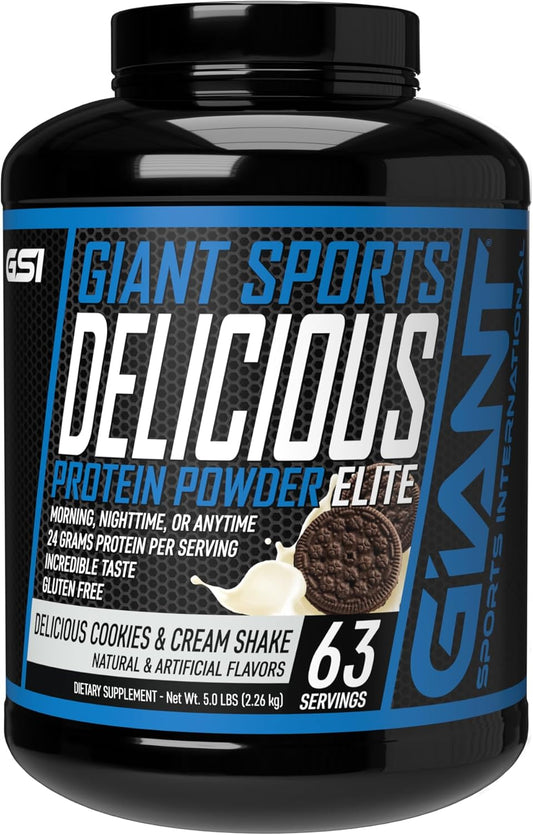 Giant Sports Delicious Elite - 24g of Whey Protein Powder with Muscle Building Amino Acids, Cookies and Cream, 5 Pound