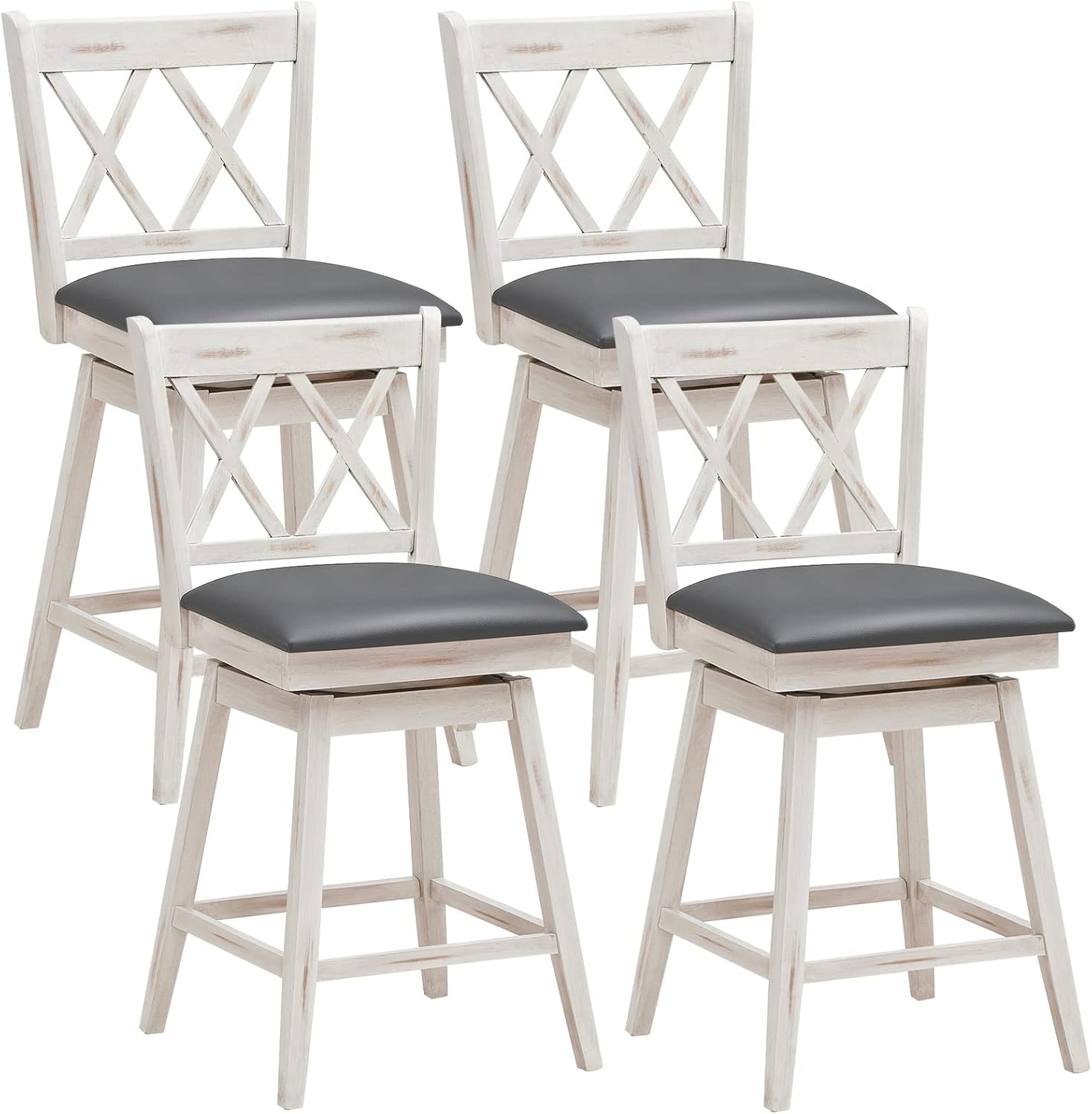 COSTWAY Bar Stool Set of 4, 360 ° Swivel Counter Height 25inch Bar Stool with Foot Rest Upholstered Cushion & Ergonomic Backrest, Sturdy Frame, for Pub, Kitchen Islands (4, Antique White + Grey)