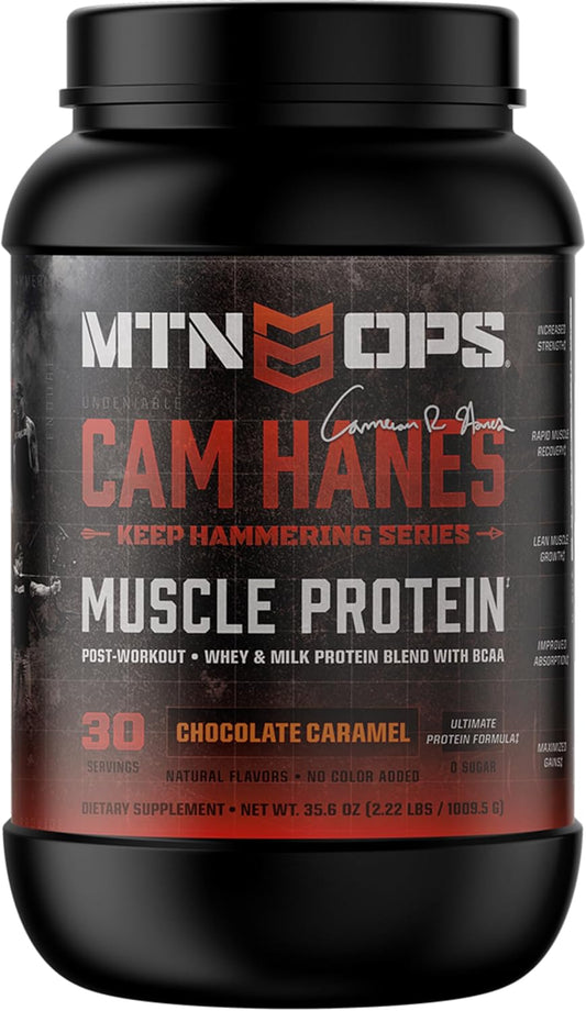 MTN OPS Cameron Hanes Keep Hammering Whey Protein Powder, Chocolate Caramel Flavor, 30 Servings