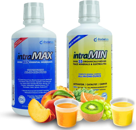 Drucker Labs intraMAX® (Peach Mango) & intraMIN® (Tropical Fruit): All-in-ONE Multivitamin & Mineral Complex (Immune Support, Non-GMO, Dairy-Free, Gluten-Free, Vegetarian, 32 fl oz Each)
