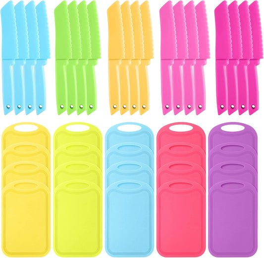 40 Pcs Kids Cutting Board and Knife Set Kids Plastic Safe Knives Toddler Cutting Board Colorful Toddler Cooking Utensils for Salad Fruit Vegetables