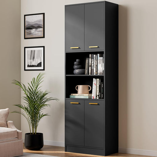 Cozy Castle Kitchen Pantry Cabinet, 75" Tall Wood Storage Cabinet with Doors and Shelves, 4 Doors Open Countertop Utility Hutch Cupboard for Dining Room Living Room Bathroom Furniture, Black