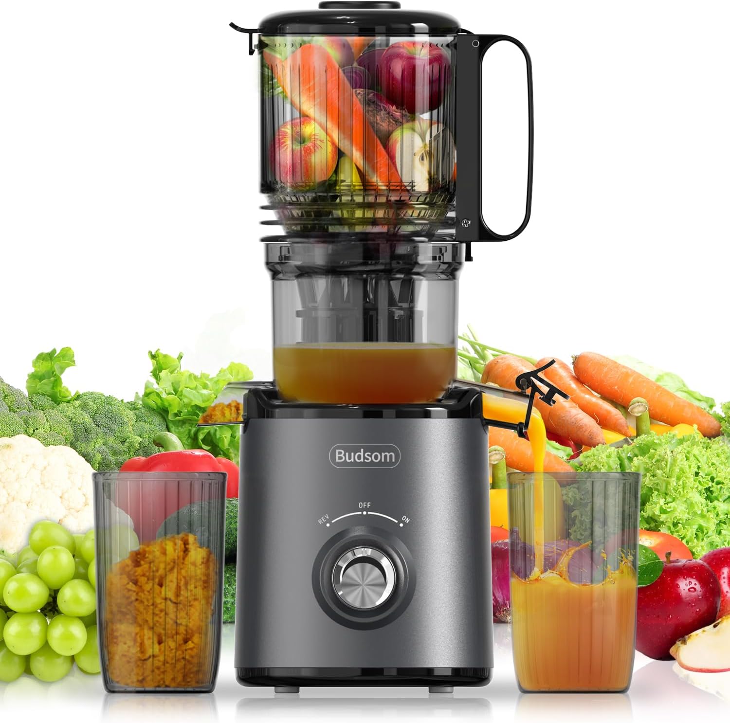 ​Budsom Cold Press Juicer Machine: 300W Slow Masticating Juicer for Whole Fruits & Vegetables, 5.3" Wide Feed Chute, High Juice Yield, Easy to Clean, Quiet 55 RPM, Juice Extractor for Home & Kitchen