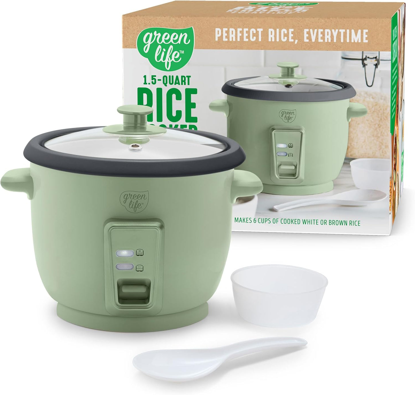 GreenLife Electric Rice Cooker, 3-Cups Uncooked\/6-Cups Cooked, Removable PFAS-Free Nonstick Pot, One-Switch Design, Auto Keep Warm, Small Space Saving, Rice Paddle, Soup, Grains, Oatmeal, 1.5 QT, Green