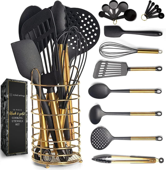 Black and Gold Kitchen Utensils Set with Stainless Steel Holder \u2013 18-Piece Nylon Cooking Utensils with Measuring Cups and Spoons \u2013 Stylish Gold Kitchen Accessories for Baking and Cooking