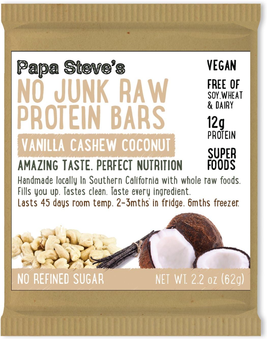 Papa Steve's No Junk Raw Protein Bars- Vanilla Cashew Coconut, 2.2 Oz, 10 Count