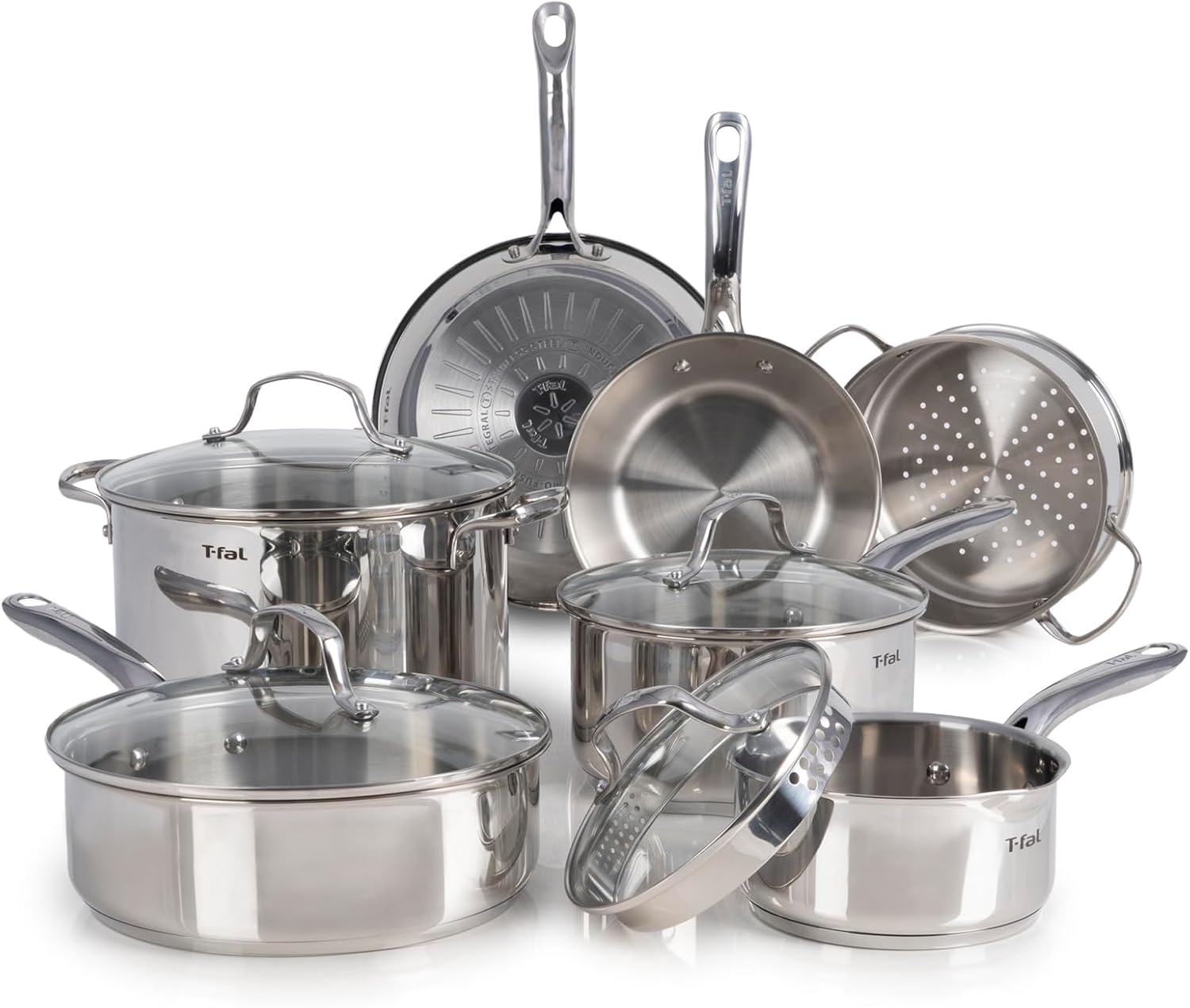 T-fal Stainless Steel Cookware Set 11 Piece, Induction, Oven Broiler Safe 500F, Kitchen Cooking Set w\/Fry Pans, Saucepans, Saute Pan, Dutch Oven, Steamer, Pots and Pans, Dishwasher Safe, Silver