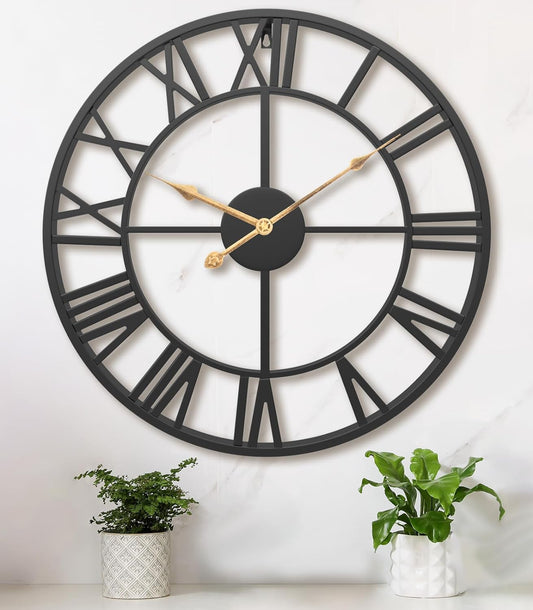 Pytha Sight 24 Inch Large Oversized Farmhouse Modern Decorative Wall Clock for Living Room,Silent Industrial Big Roman Numerals Vintage Metal Round Wall Clocks for Kitchen,Dining Room,Office