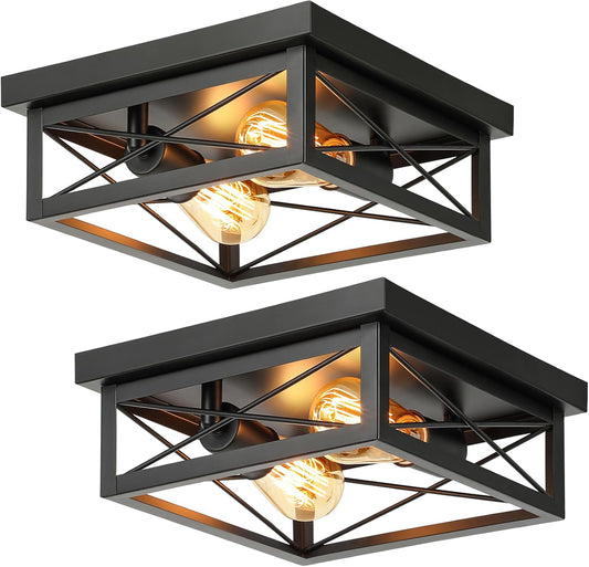 Kondras 2-Light Industrial Square Flush Mount Ceiling Light, Farmhouse Ceiling Light Fixture for Kitchen, Modern Black Close to Ceiling Light for Hallway Bedroom Balcony Porch Stairway, E26, 2-Pack