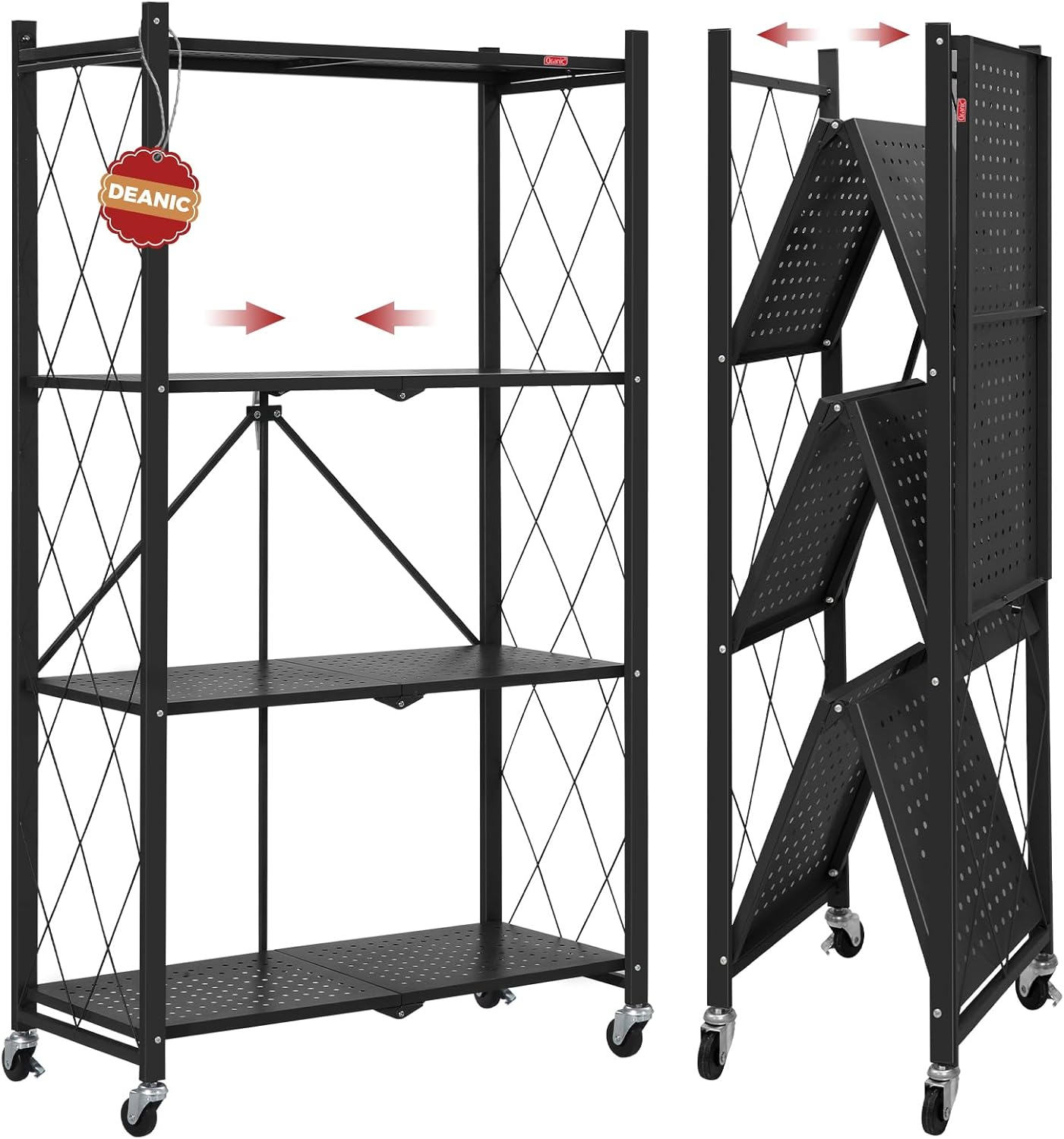DEANIC 4 Tier Foldable Storage Shelves with Wheels, Large Capacity Shelving Unit, Freestanding Metal Wire Shelf Rack, No Assembly Organizer Rack for Garage Kitchen, Basement, Pantry(Black)