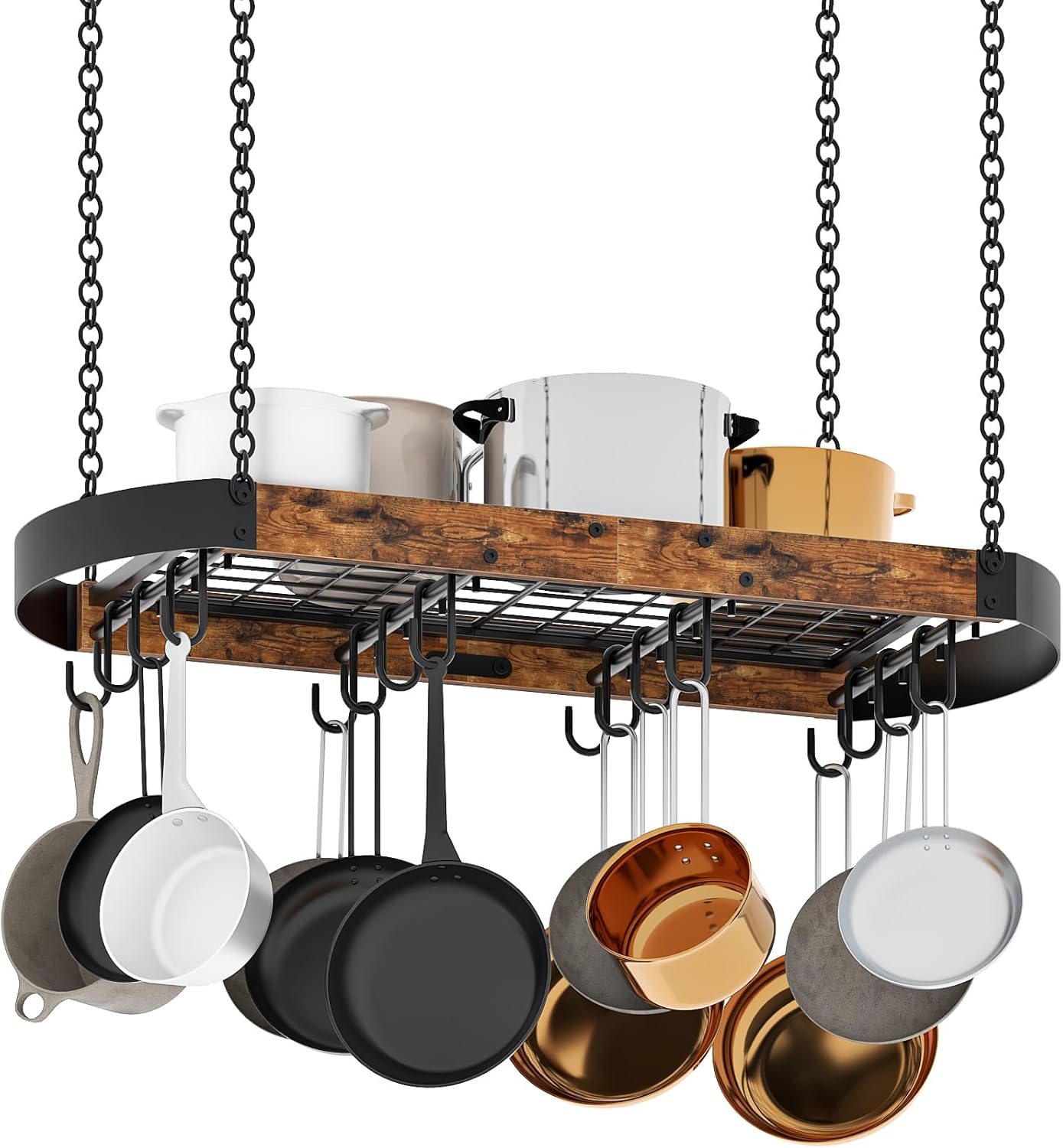 CHOEZON 31.7-Inch Hanging Pot Rack, Space-Saving Pot Hanger for Kitchen, Ceiling Pan Hanging Rack with 16 Detachable S Hooks, Sturdy Metal Frame, Industrial Style, Rustic Brown and Black TPR09BF