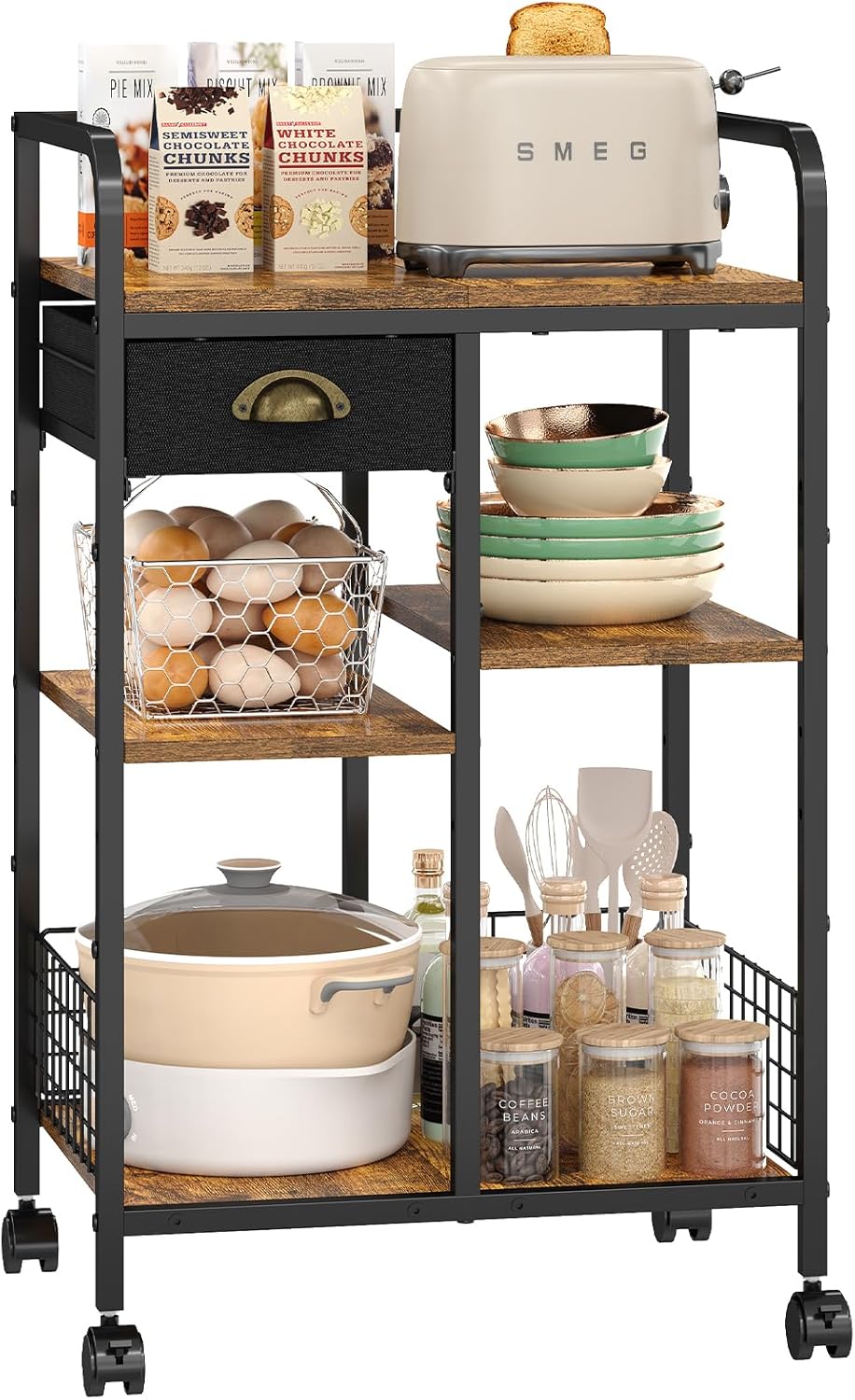 keomaisyto Kitchen Serving Storage Cart with Table Top & Drawer, 3-Tier Rolling Utility Cart on Wheels with Adjustable 2 Storage Shelves, Coffee Bar cart for Kitchen/Dining/Living Room