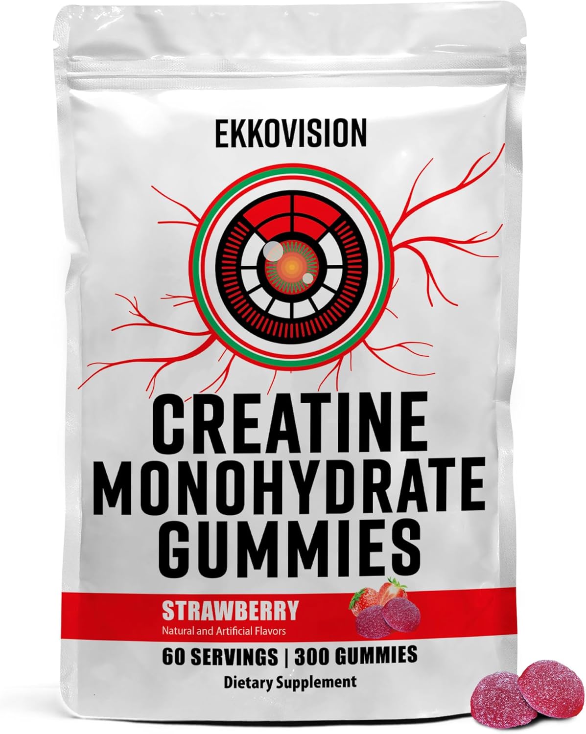 Ekkovision Creatine Monohydrate Gummies for Men and Women, Orange Citrus Flavor, Sugar Free Creatine Gummies for Pre Workout, Muscle Strength and Recovery, Vegan & Travel Friendly, 300 Ct, 60 Servings