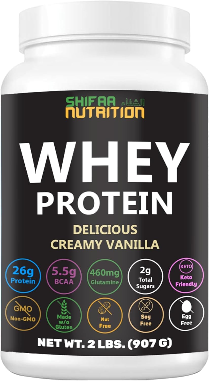 Delicious Creamy Vanilla Halal Whey Protein Powder 2Lbs | 26g Protein, 5500mg BCAAs, and 460mg Glutamine | for Recovery & Lean Muscles | Gluten-Free | Non-GMO | Keto-Friendly