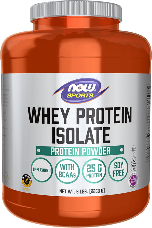 NOW Foods Sports Nutrition, Whey Protein Isolate, 25 g With BCAAs, Unflavored Powder, 5-Pound